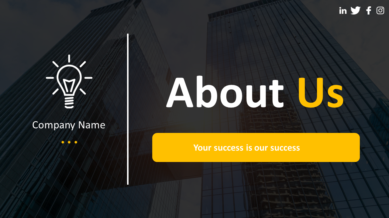 Corporate About Us slide featuring a lightbulb icon and a yellow tagline over a dark cityscape background.