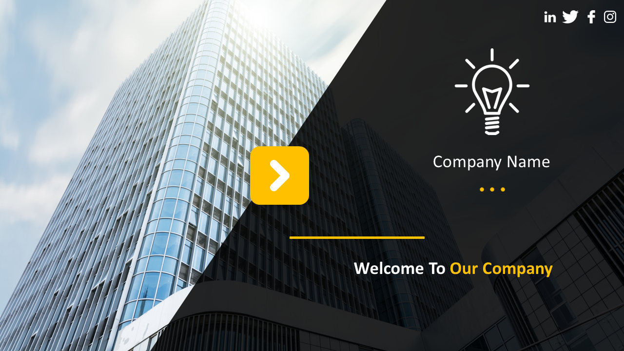 Slide with welcome to our company message, a yellow arrow button, and a lightbulb icon on a modern building background.