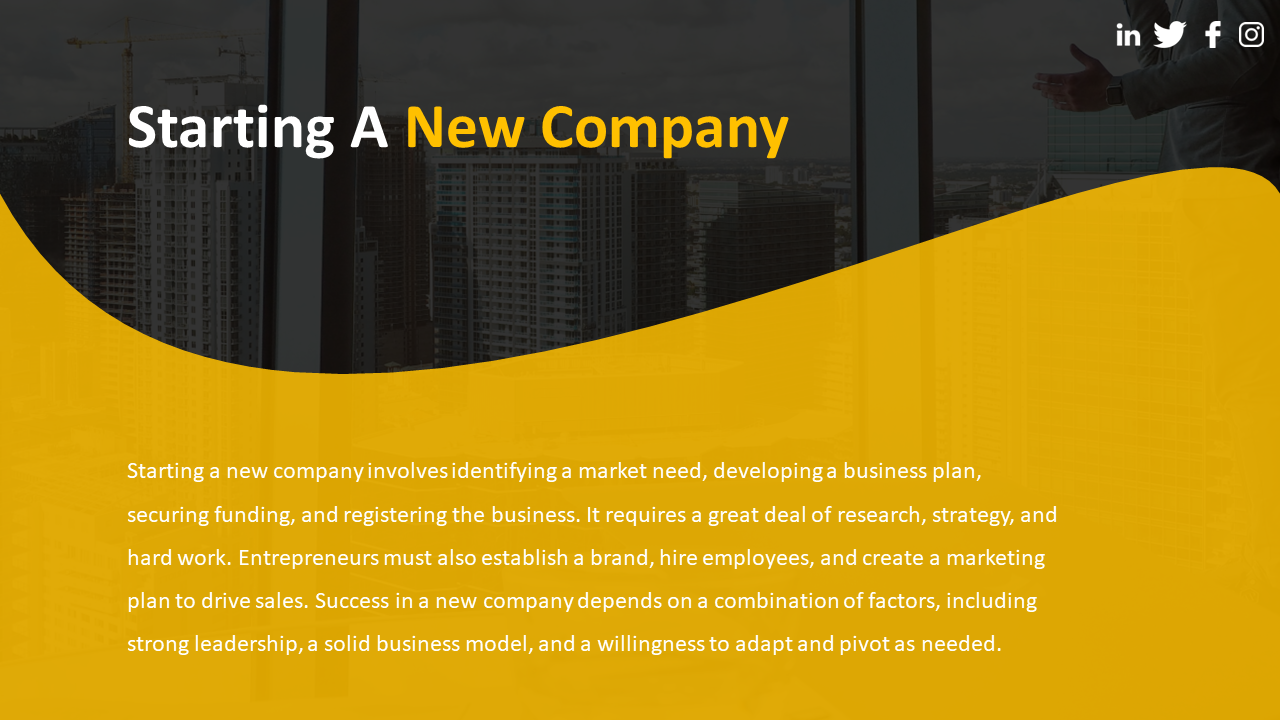 A professional presentation slide with a description in yellow accent, featuring a background of a cityscape.