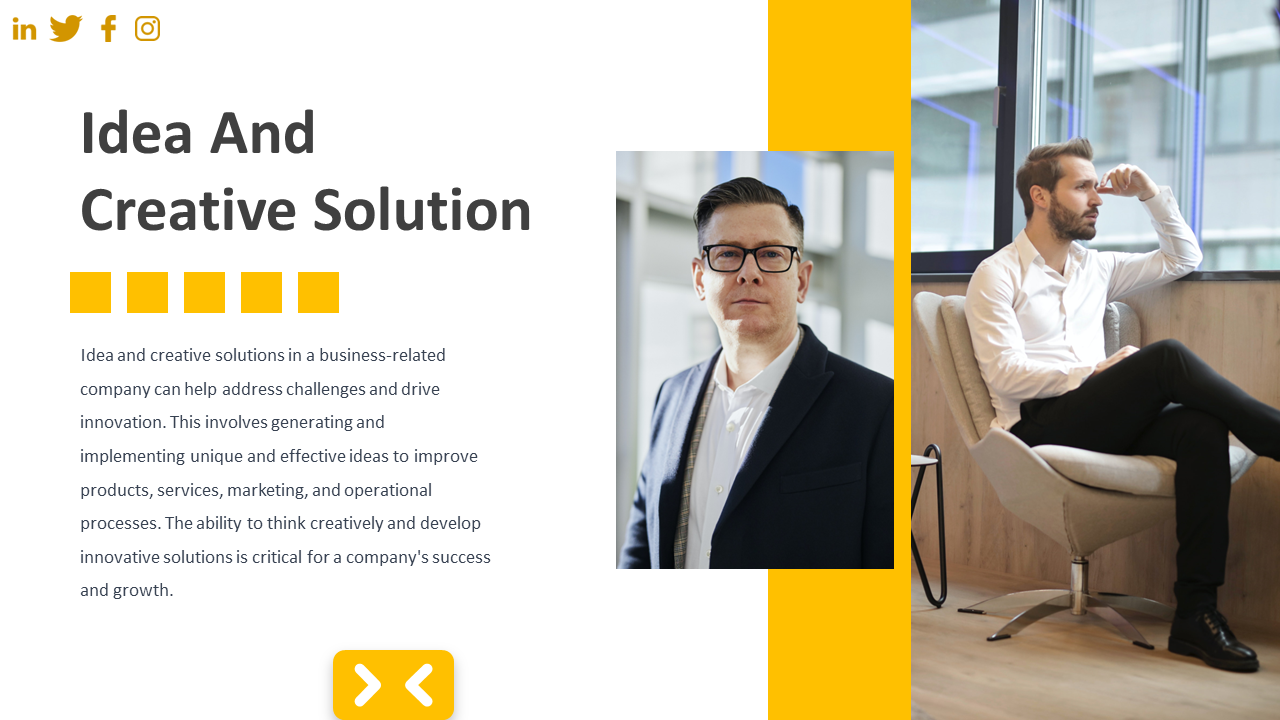 Idea And Creative Solution slide featuring 2 professionals, one in a suit and the other sitting in a chair on white backdrop.