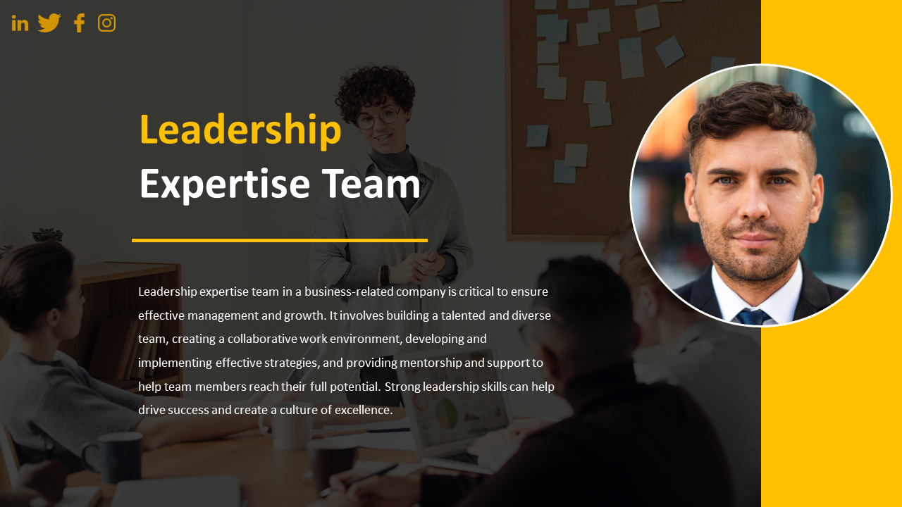 Leadership Expertise team, showing a team working in an office setting, with an image of a confident business professional.
