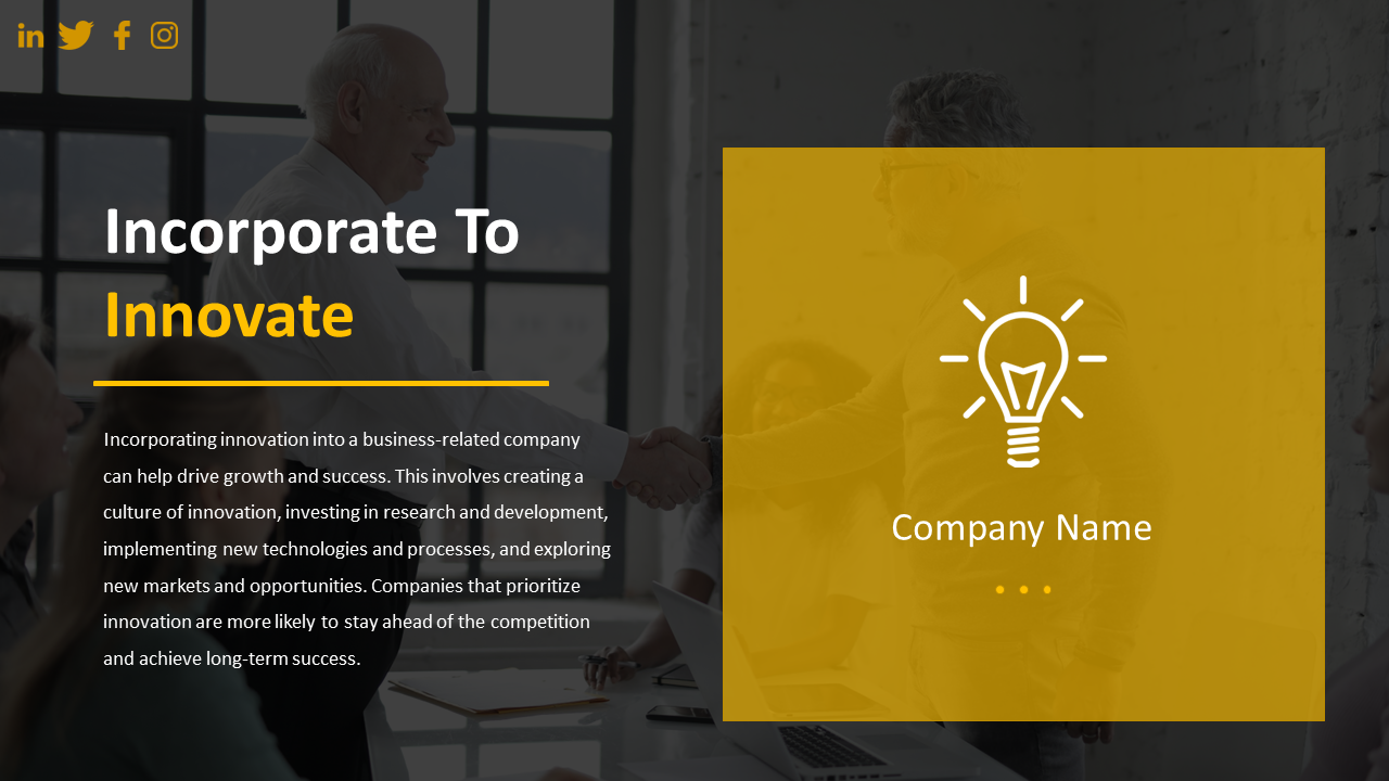 Business presentation slide about innovation, featuring professionals shaking hands and a light bulb icon.