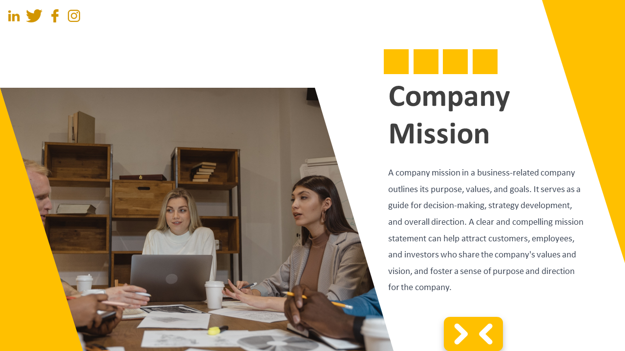 Company mission slide showing a team of professionals discussing strategy in a meeting room, with a focus on company values.