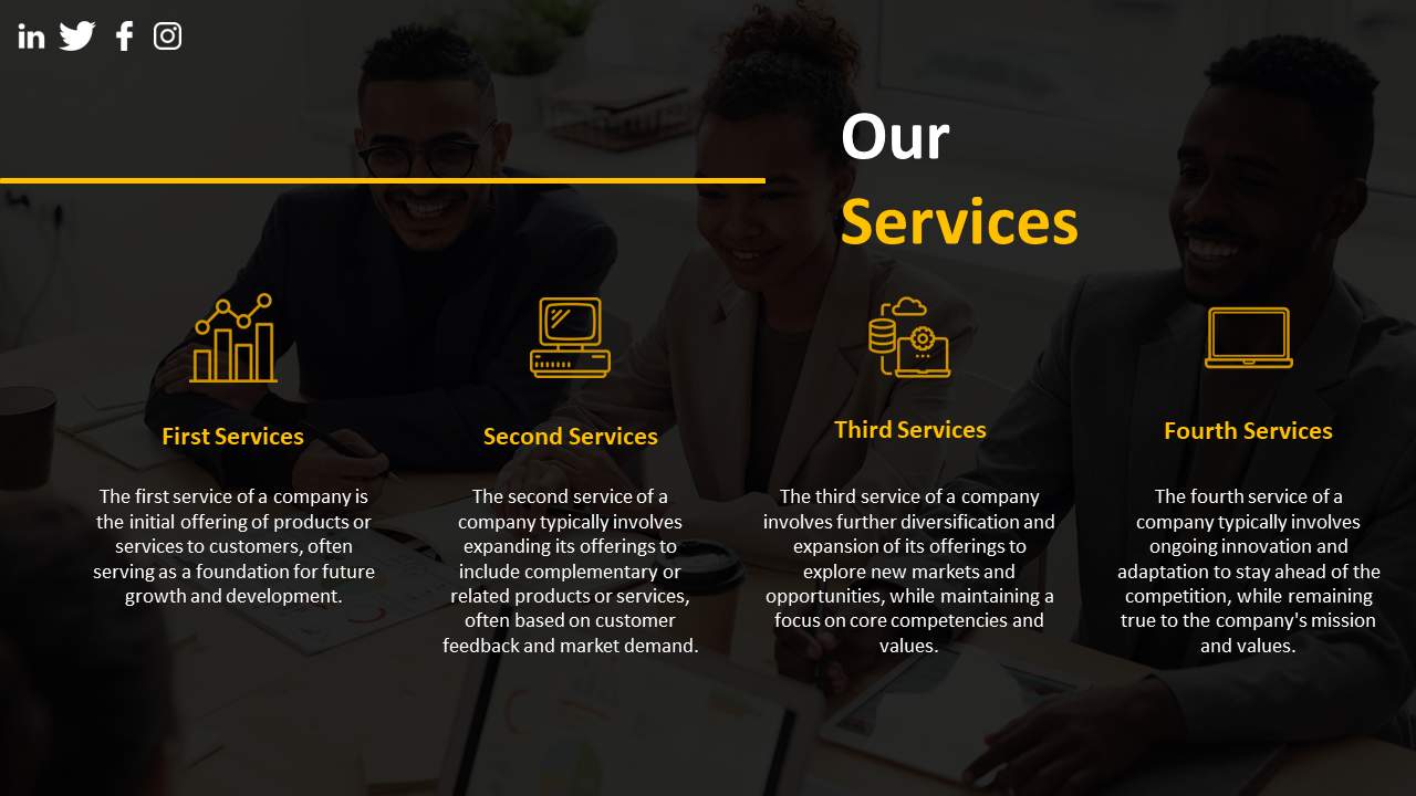 Our Services slide shows 4 yellow icons representing different service stages, with a group of professionals in a dark theme.