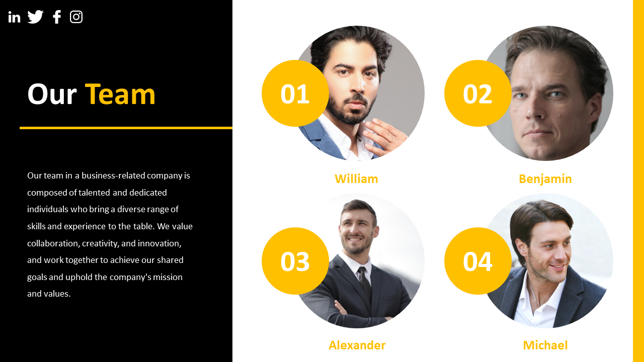 Our team slide features four team members with their names and roles displayed in circular portraits on a split backdrop.
