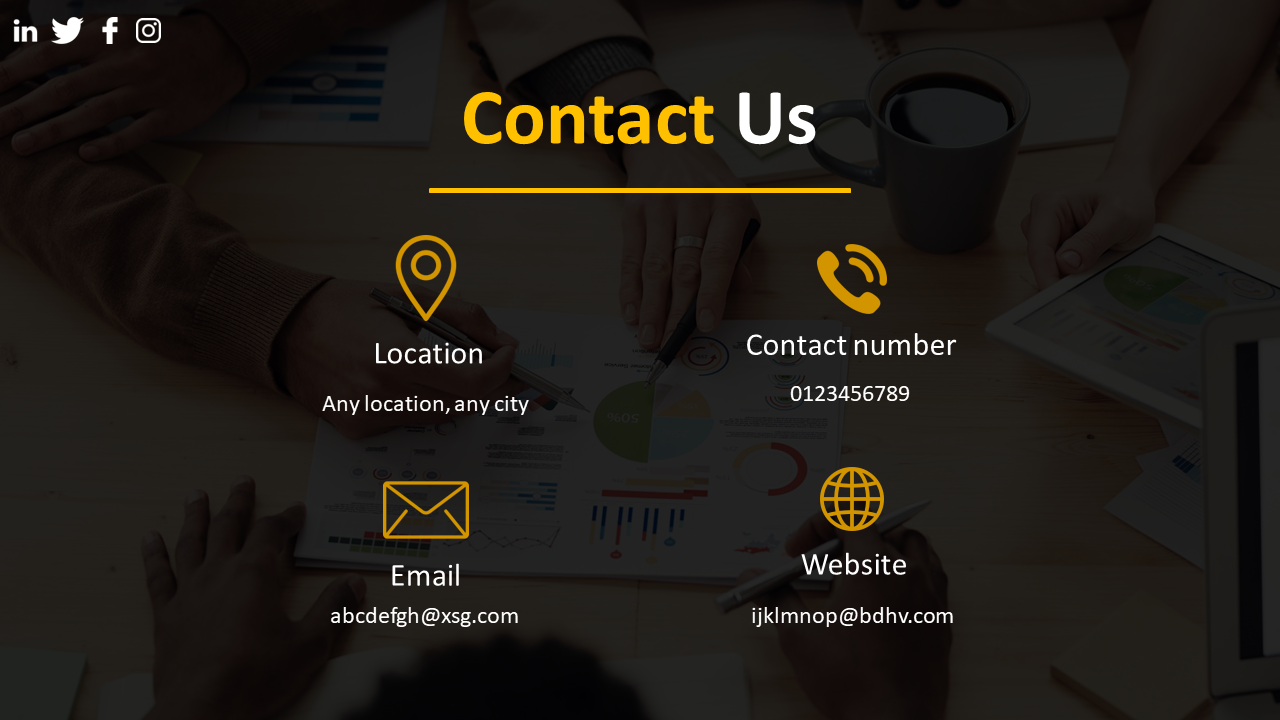 Contact Us slide with location pin, phone, email envelope, and globe icons displaying generic details on a dark theme.