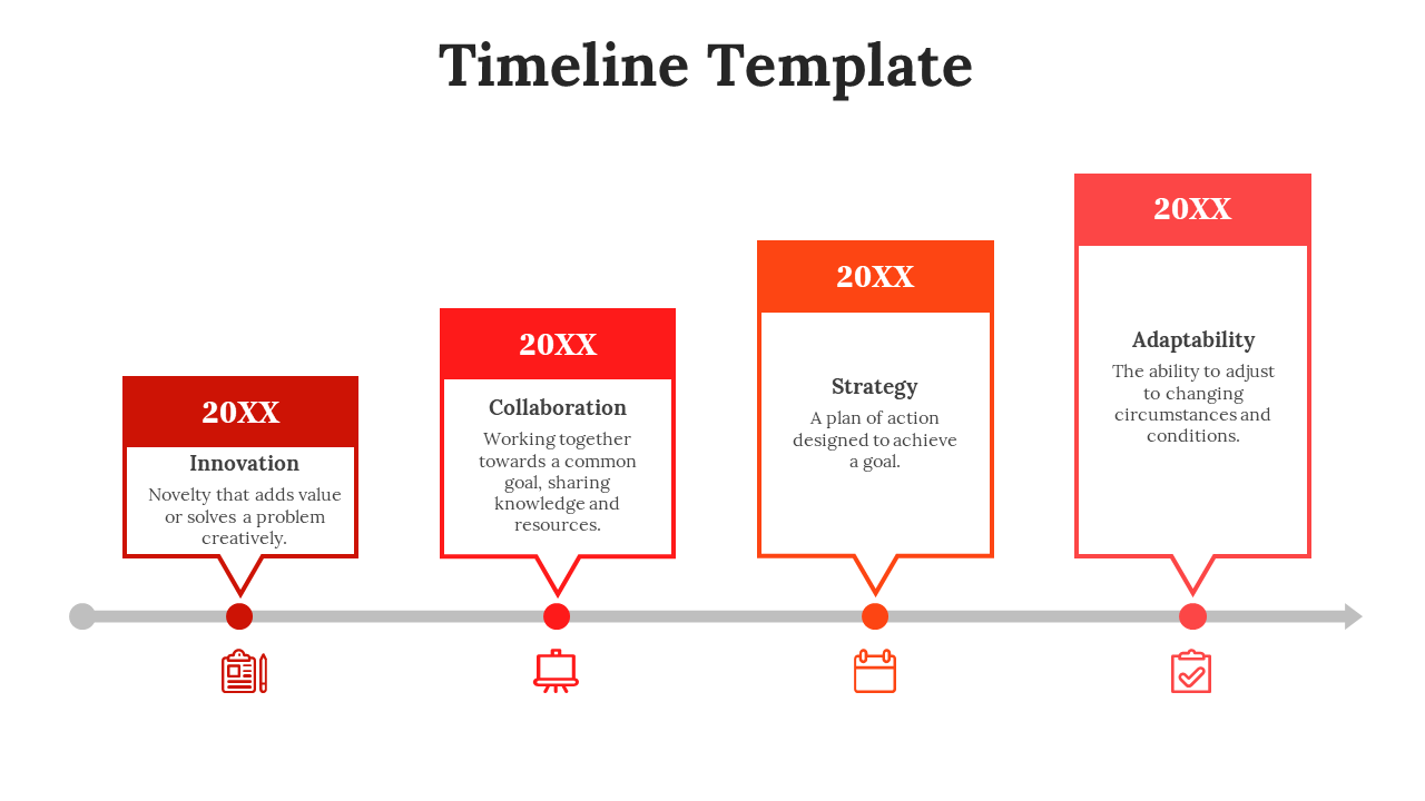 PPT slide displays four red key stages marked along a horizontal timeline with icons and descriptions on a white theme.