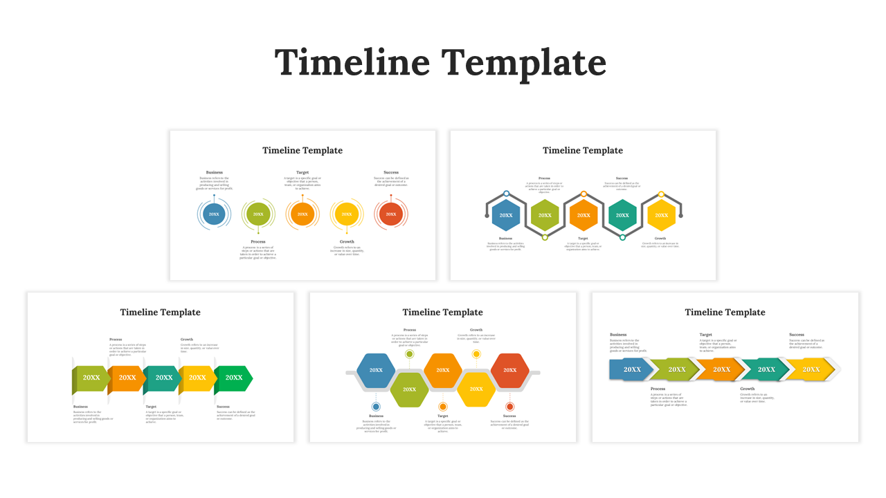 Various timeline PPT slides featuring different colorful layout designs and arrow shapes with years and business stages.