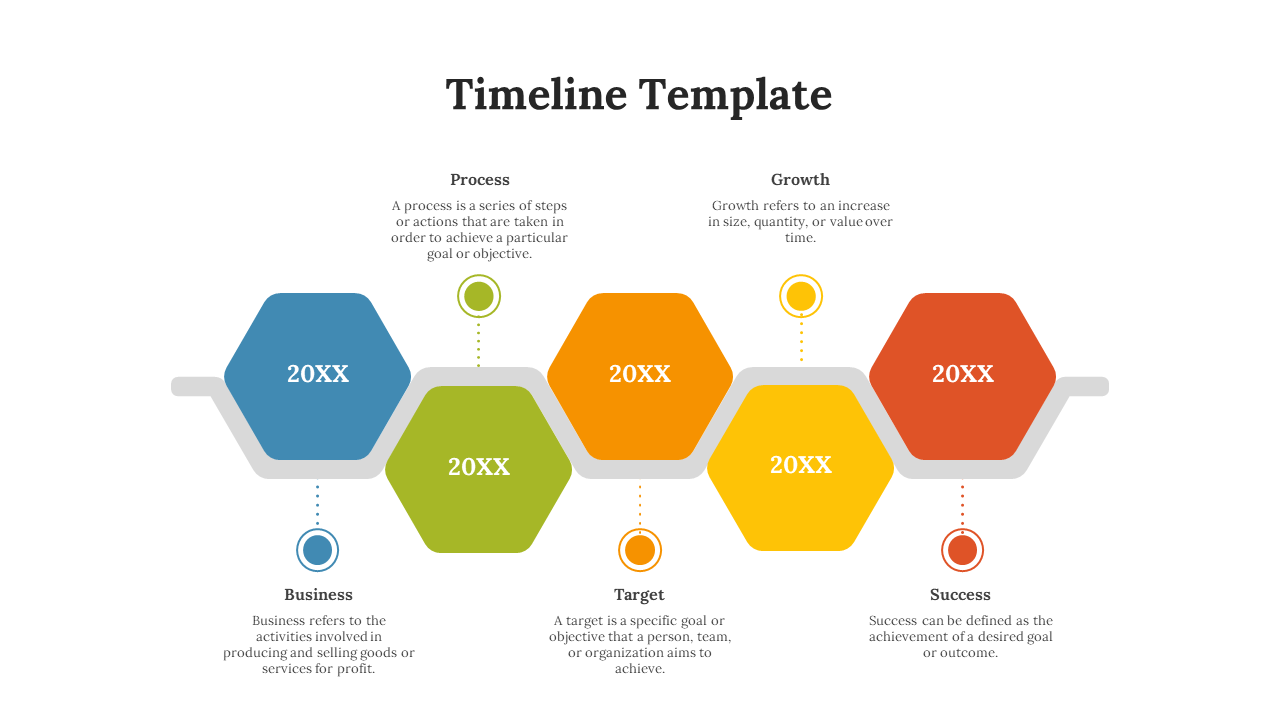 Timeline template showcases five interconnected hexagonal stages in blue, green, orange, yellow, and red with descriptions.