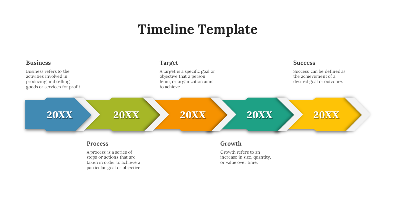 Timeline PPT template displays five connected arrow shaped stages in blue, green, orange, teal, and yellow with descriptions.