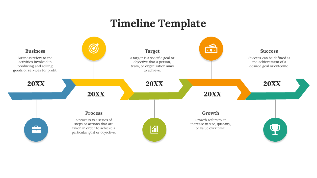 Horizontal timeline with color coded icons showing business, process, target, growth, and success stages for a project.