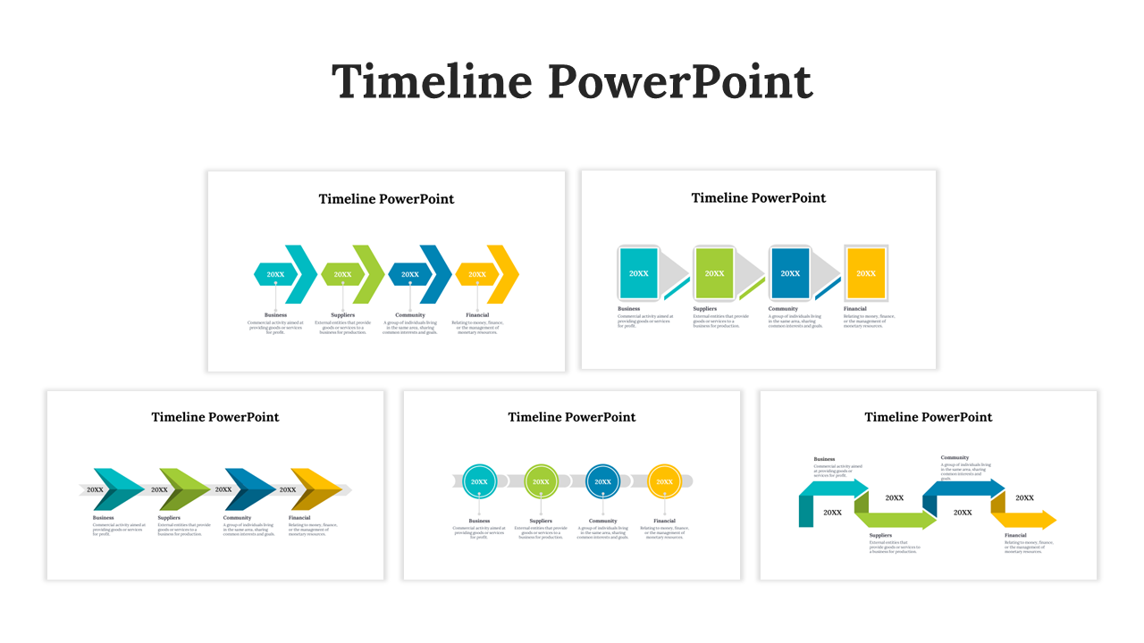 Timeline PowerPoint slides showcasing colorful arrows to represent milestones for business processes across various years.