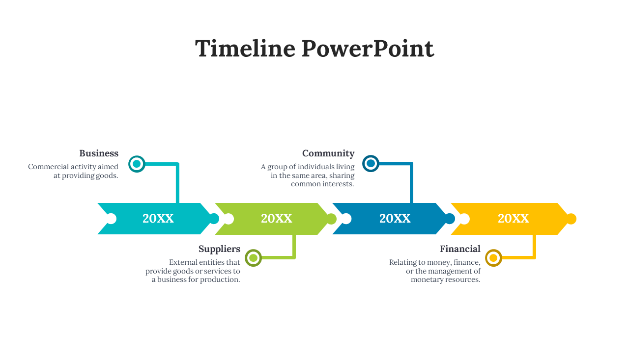 Color coded horizontal timeline with connected arrows and circle pointers highlighting key business stages on white backdrop.