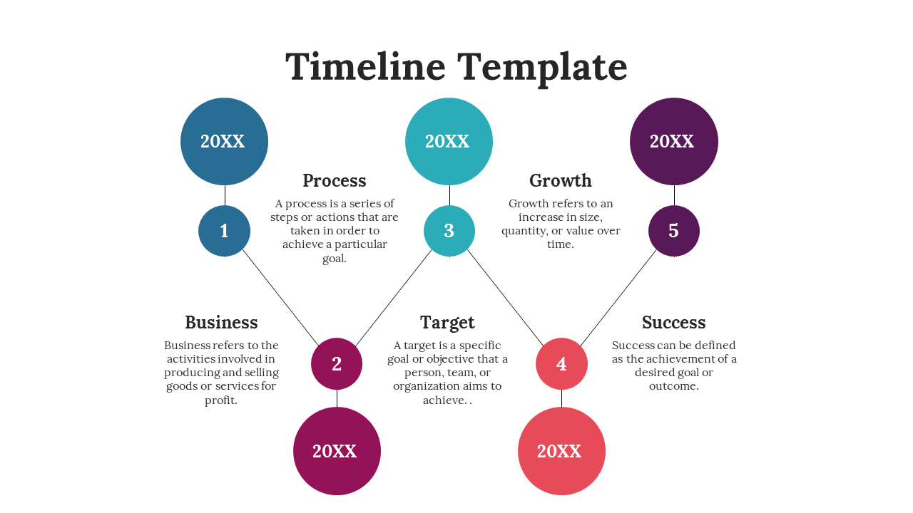Zigzag color coded circular timeline showing business, process, target, growth, and success steps with numbered icons.
