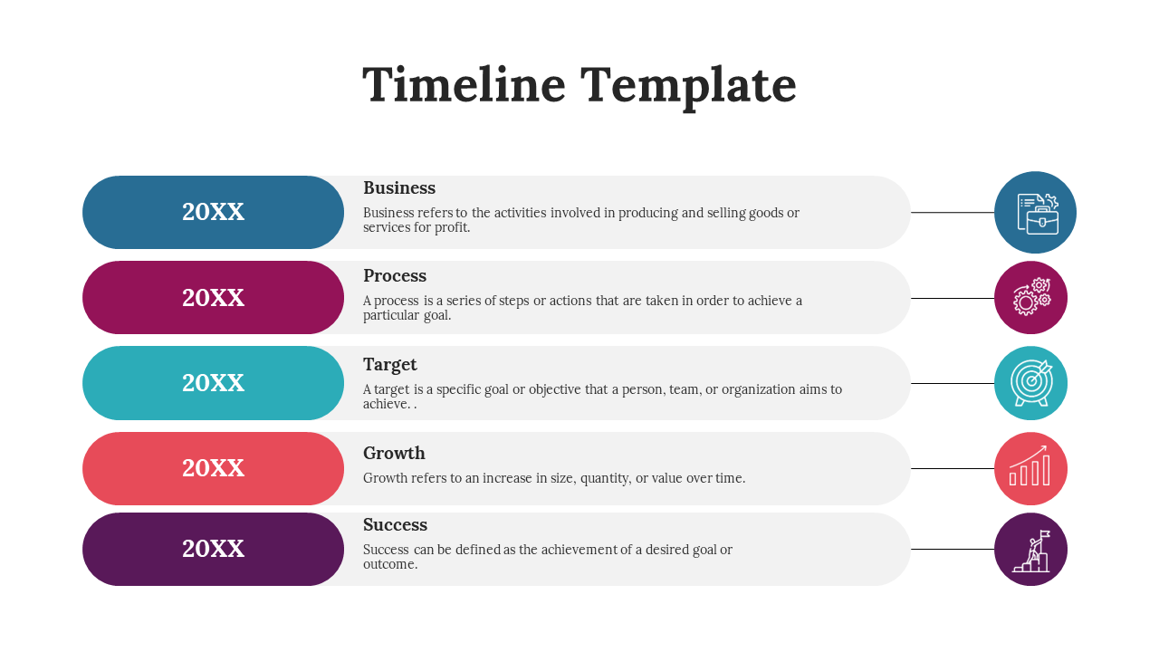 Five step horizontal timeline with colored blocks and icons for business, process, target, growth, and success.