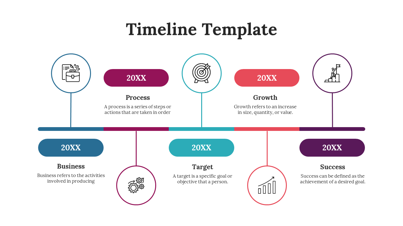 Horizontal timeline slide with top and bottom colored segments showing business, process, target, growth, and success stages.