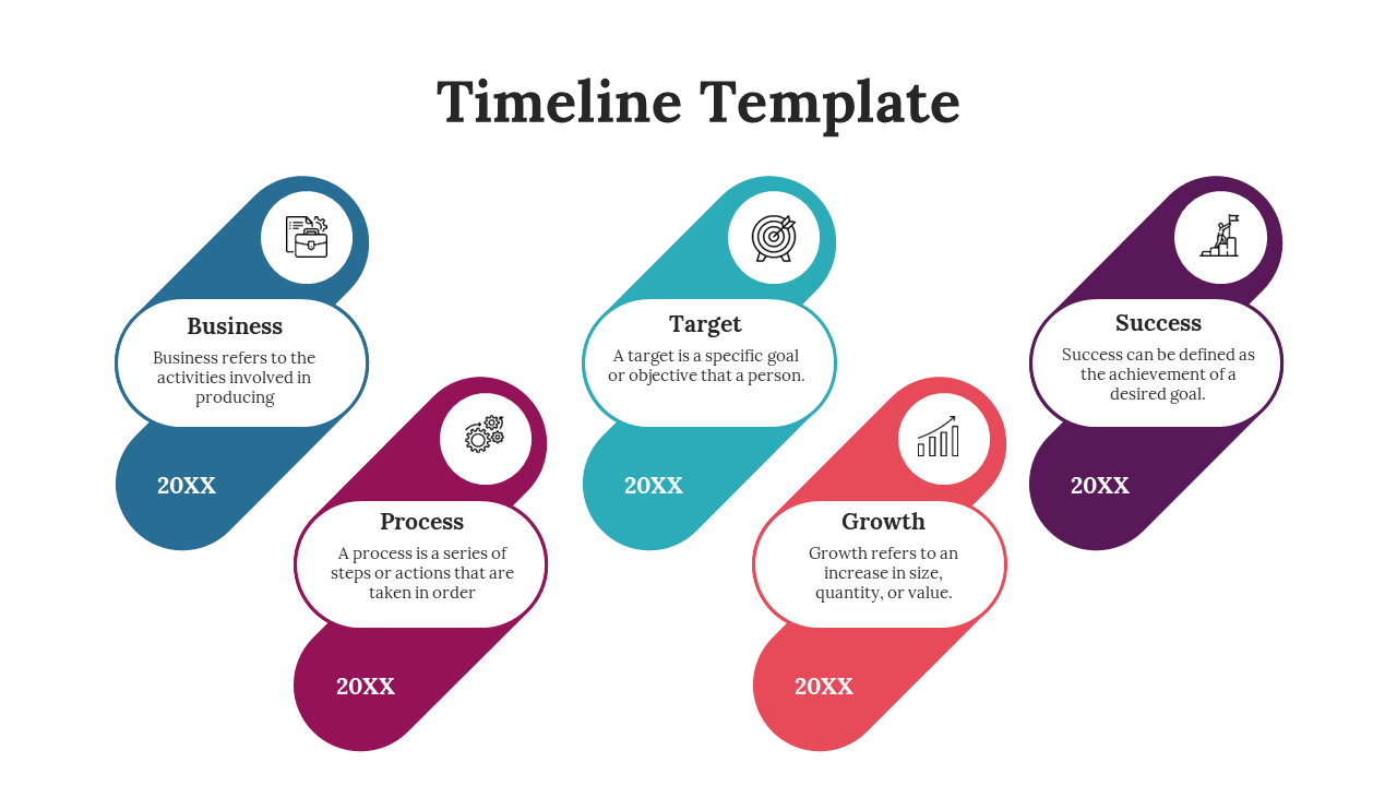 Rounded vertical timeline showing five colorful stages business, process, target, growth, and success with 20XX labels.