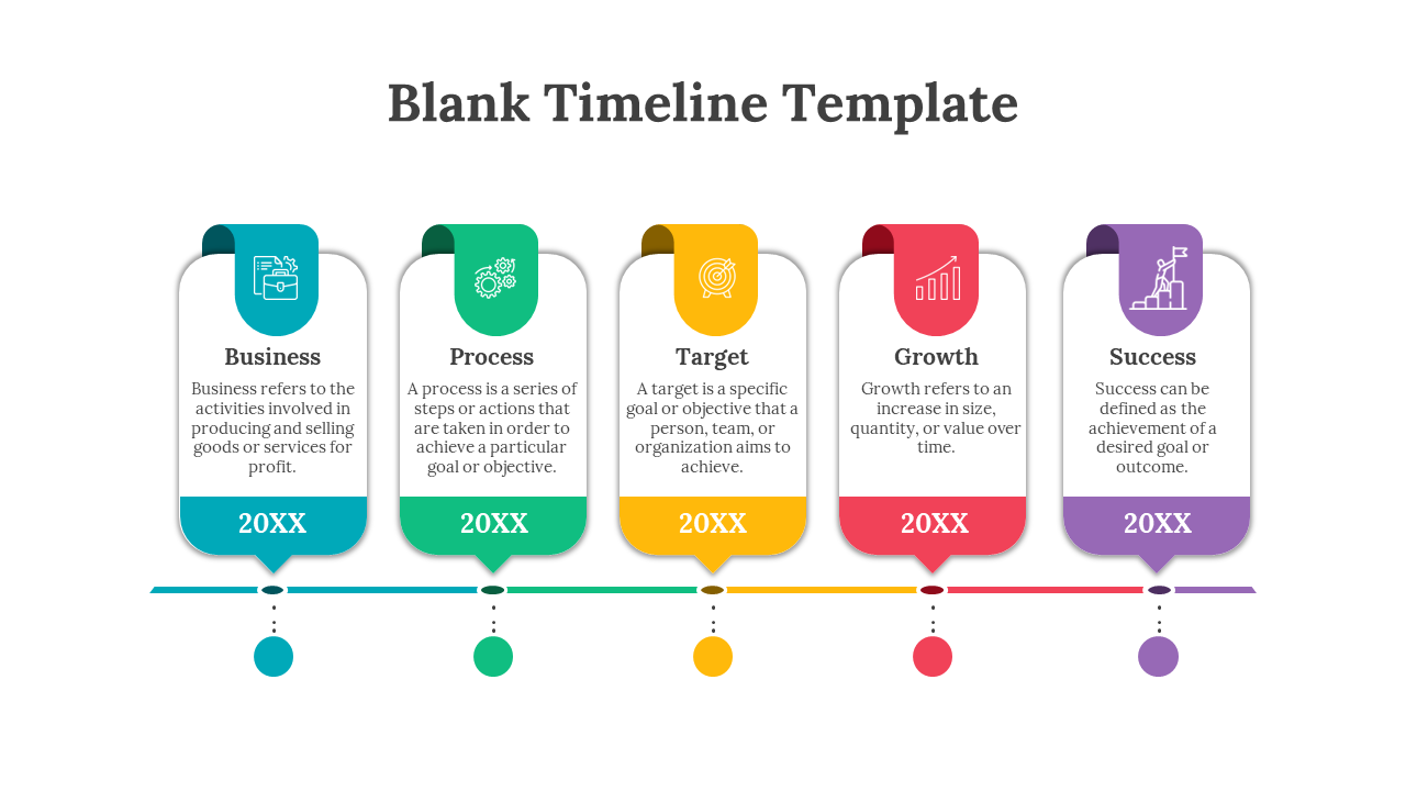 Colorful five step timeline slide showing Business, Process, Target, Growth, and Success, each labeled 20XX with icons.