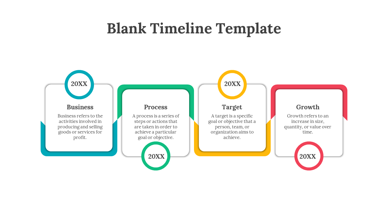 Four step blank timeline with labeled stages Business, Process, Target, and Growth each marked with 20XX and colored borders.