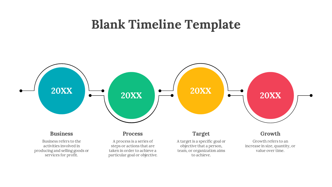 Circular timeline template with four colorful steps Business, Process, Target, and Growth each marked 20XX with descriptions.