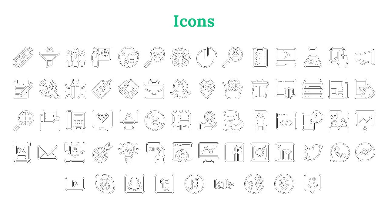 Icon collection featuring SEO, communication, analytics, coding, business tools and popular social media logo in white theme.