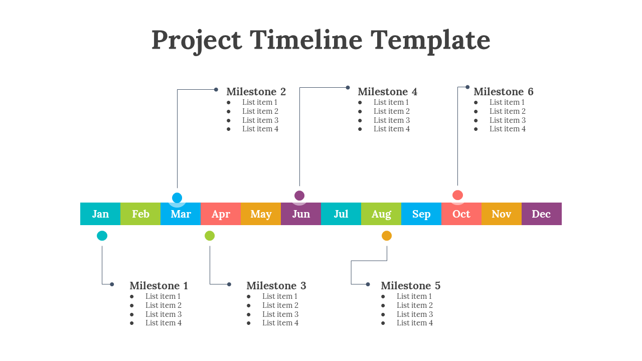Color coded project timeline by month with six milestones, each linked to a set of list items on a white backdrop.