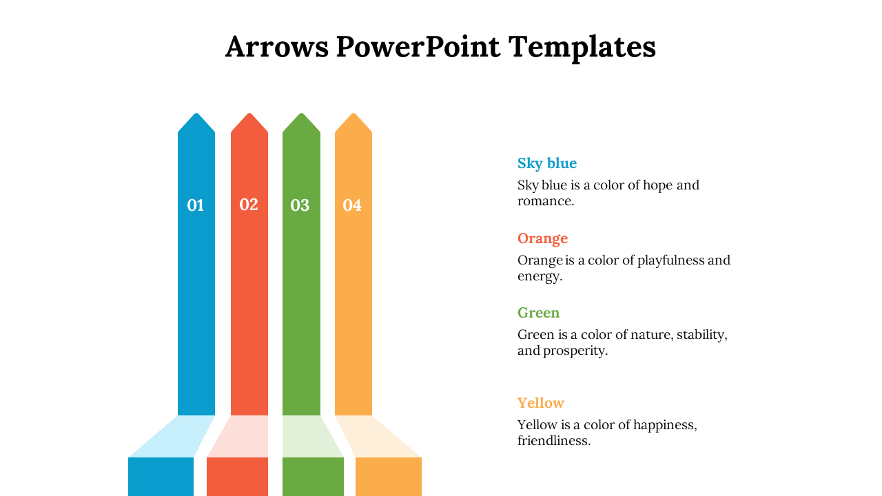 Arrows PowerPoint template with four colorful arrows labeled 01, 02, 03, and 04, each representing a color with descriptions.