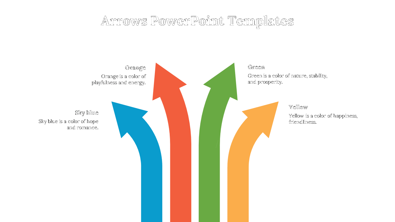 Arrows PPT slide with four colorful arrows in sky blue, orange, green, and yellow, each labeled with its symbolic meaning.