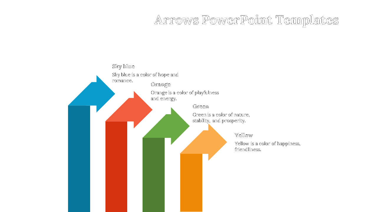 Arrows PPT template with four colorful arrows in sky blue, orange, green, and yellow, each accompanied by a description.