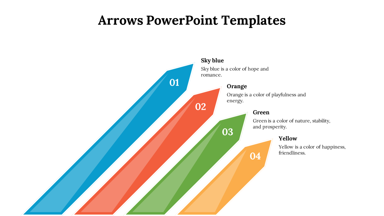 Arrows PPT slide featuring four vibrant arrows in sky blue, orange, green, and yellow, with color descriptions.