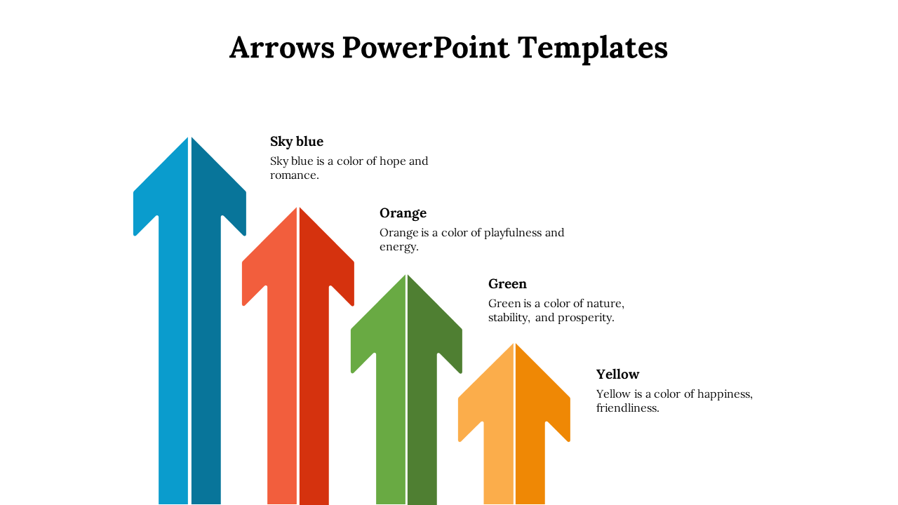 Arrows PPT slide showing four upward arrows in sky blue, orange, green, and yellow, each accompanied by a description.
