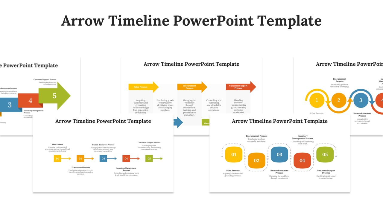 A collection of various arrow timeline slides showcasing different layouts and designs for presenting sequential processes.