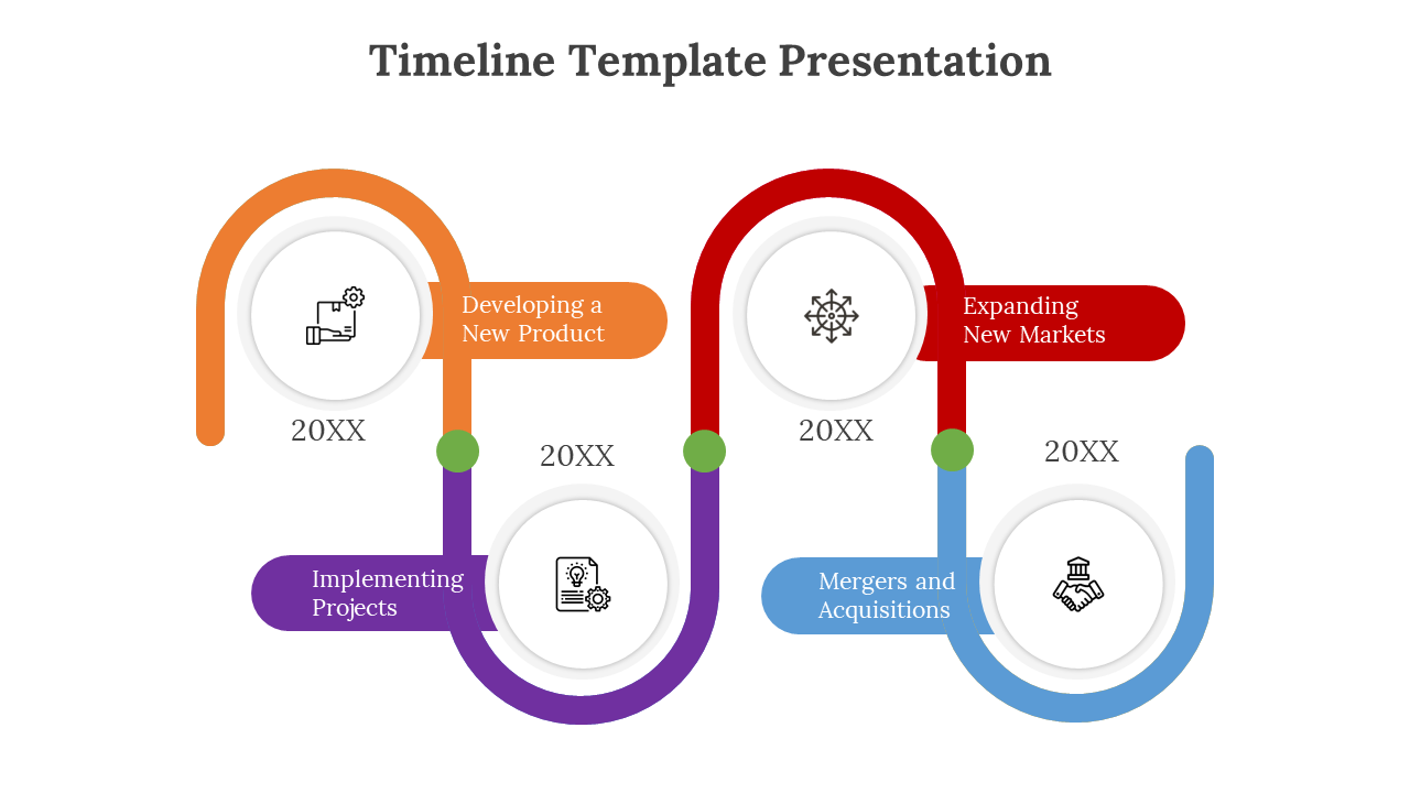 Curved colorful four step business timeline showing milestones like new products, expansion, and mergers with icons.