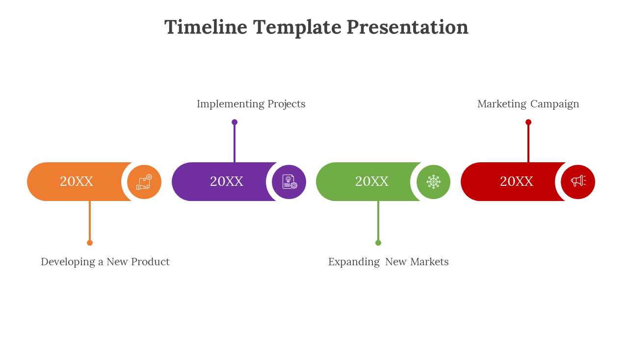 Horizontal timeline with four colored steps for product development, projects, market expansion and marketing in white theme.