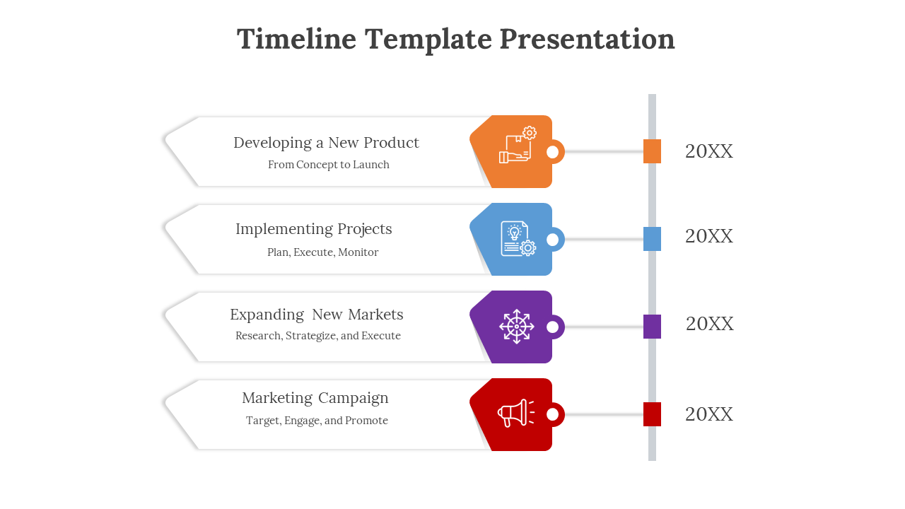 Timeline PPT template slide outlines four stages each with a color coded icon and text on a white backdrop.