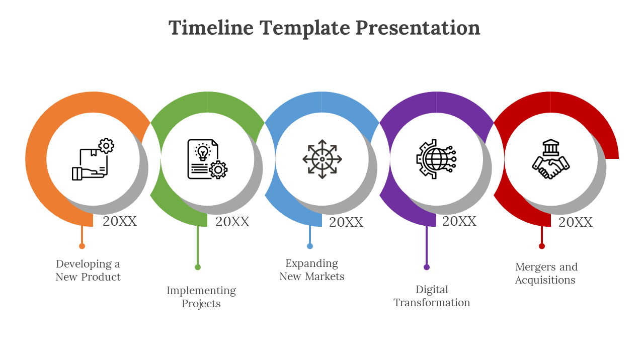 Timeline PPT template displays five interconnected circular stages in orange, green, blue, purple, and red with icons.