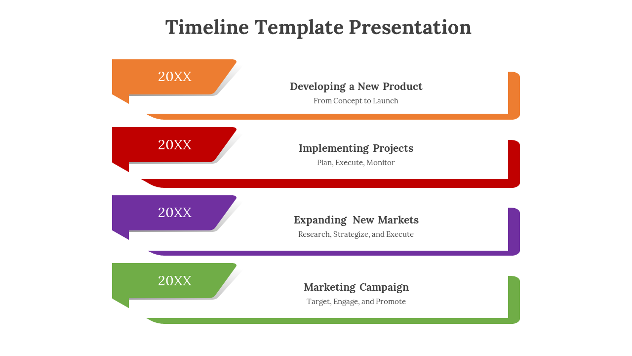 Timeline PPT template lists four horizontal, staggered bars in orange, red, purple, and green, outlining stages with text.