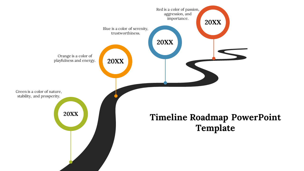 Timeline Roadmap PPT template shows a winding black road with four color coded circular markers green, orange, blue, and red.