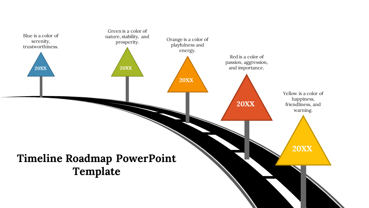 Color coded triangle milestones on a curved road, each symbolizing a year and emotional color meaning for timeline roadmap.