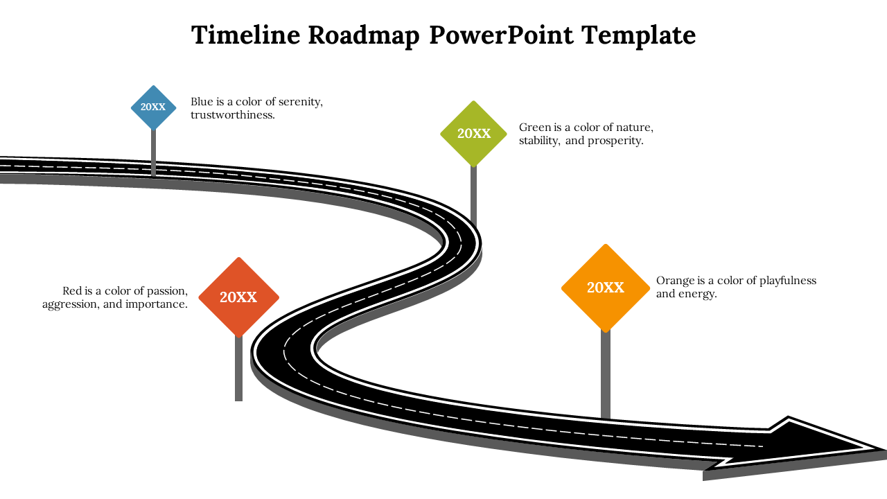Curved road timeline with diamond shaped year markers in blue, red, green, and orange, each symbolizing a color emotion.