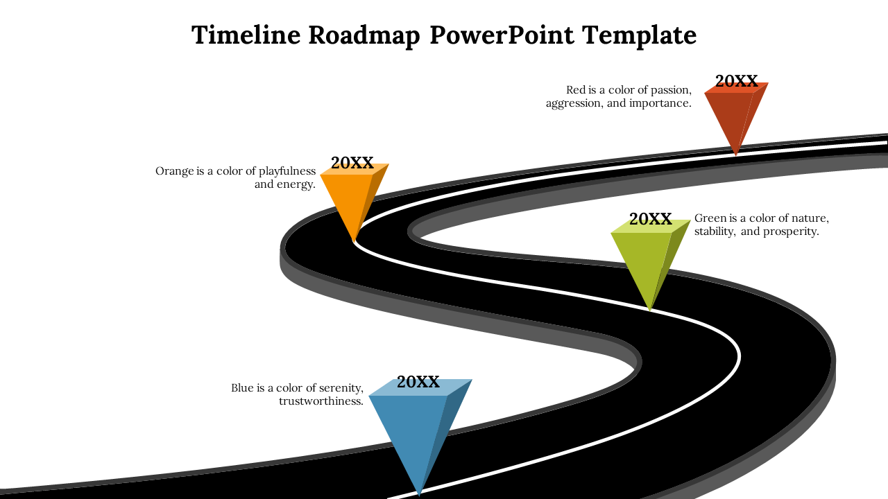Black winding roadmap infographic with blue, green, orange, and red pointed markers labeled 20XX and color meanings.