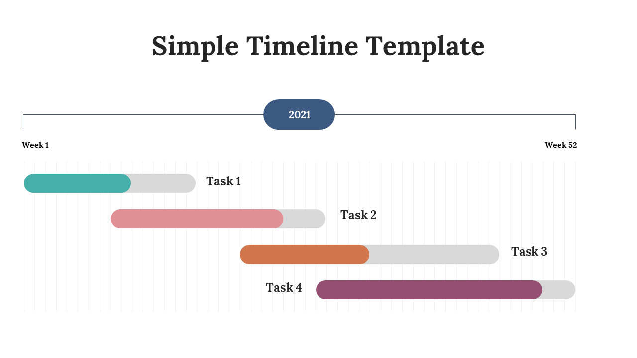 Horizontal 2021 timeline chart with four color coded overlapping tasks across 52 weeks on a white backdrop.