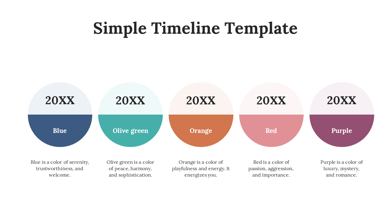 Horizontal timeline with 5 half colored circles showing years and color meanings like blue, green, orange, pink, and purple.