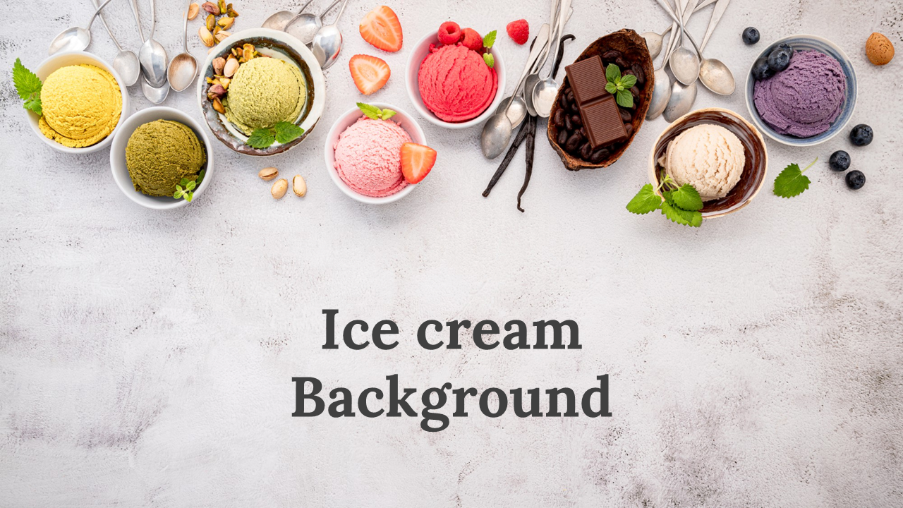 A colorful ice cream selection including pistachio, strawberry, chocolate, and blueberry flavors, arranged in bowls.