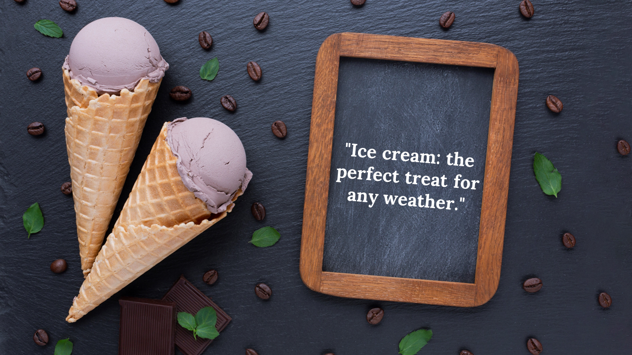 Two waffle cones with lavender ice cream scoops placed on a slate surface, with the quote.