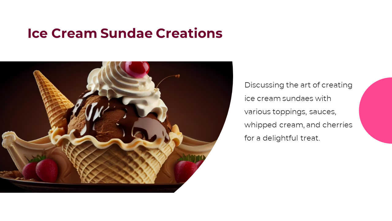 A delicious ice cream sundae with chocolate syrup, whipped cream, a cherry on top, and strawberries in a waffle cone bowl.