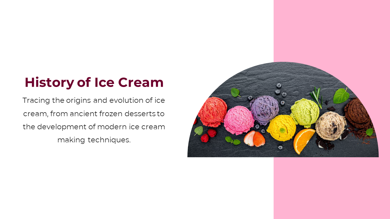 Range of colorful ice cream scoops served on black slate platter, with toppings like berries, orange slices, and mint leaves.