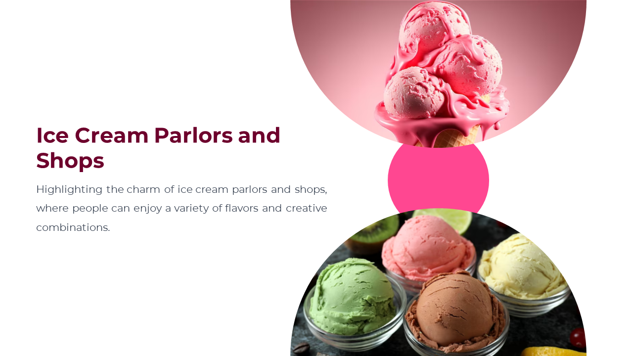 Close up shots of ice cream served in bowls and cones, featuring a variety of colorful and creative flavors from parlors.