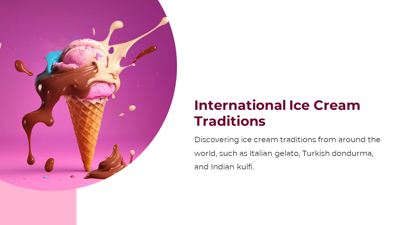 A colorful ice cream cone with a pink scoop, topped with chocolate and caramel sauce splashes on a white backdrop.