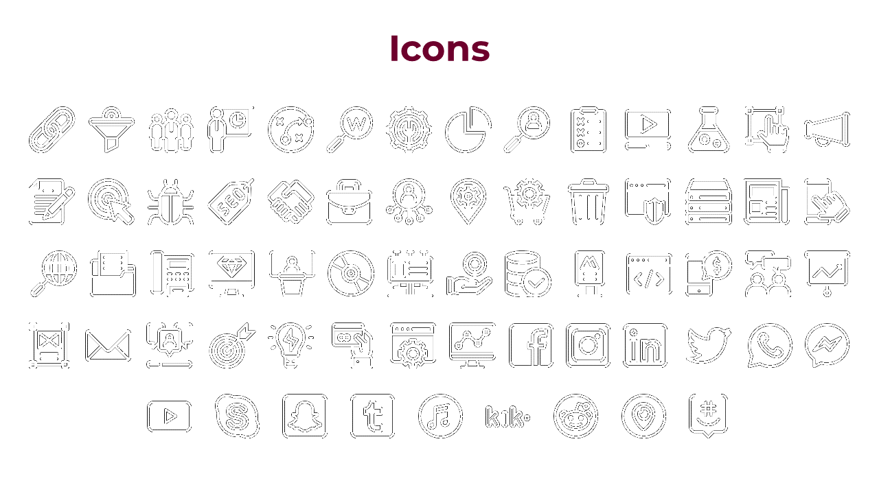 A wide array of line style icons showcasing symbols like links, charts, SEO, social media logos, and business tools.